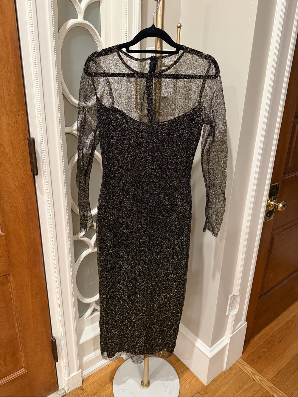 Sparkle Sheer-Overlay Long Sleeve Black Dress